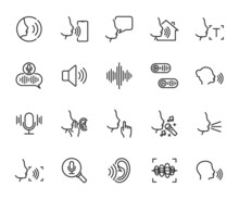 Vector Set Of Voice Line Icons. Contains Icons Voice Control, Sound, Whisper, Shout, Voice Message, Singing, Sound Wave, Voice Recognition And More. Pixel Perfect.