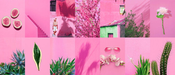 Wall Mural - Set of trendy aesthetic photo collages. Minimalistic images of one top color.  Pastel Pink moodboard