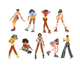 Hand drawn vector abstract flat stock modern graphic illustrations characters collection set of young happy retro vintage women roller skaters,on disco party and on skateboard,90 vintage elements.