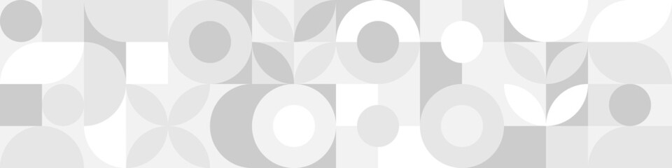 Trendy vector abstract geometric background with circles in Scandinavian retro style, seamless cover. Graphic pattern of simple shapes in gray tones, abstract white mosaic.