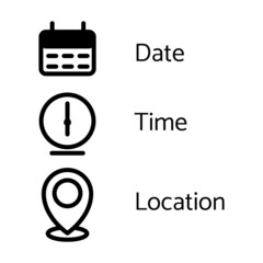 set date, time and location Icons for graphic design.Isolated on a White Background