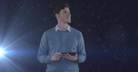 Poster - Animation of caucasian man over tablet and network of connections