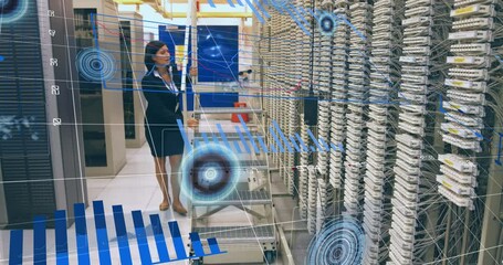 Poster - Animation of data processing over biracial female worker in server room