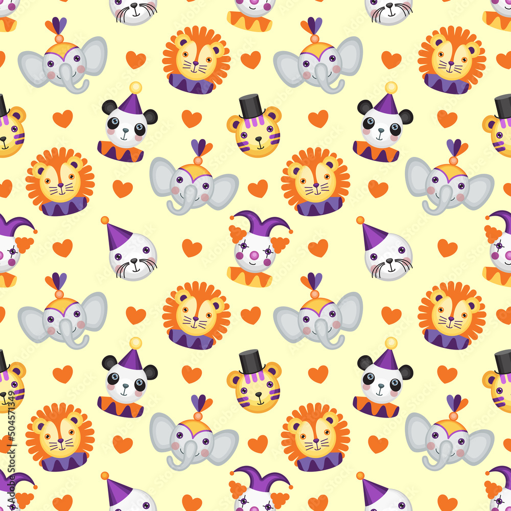 Cartoon vector seamless pattern with a clown and animals on a white ...