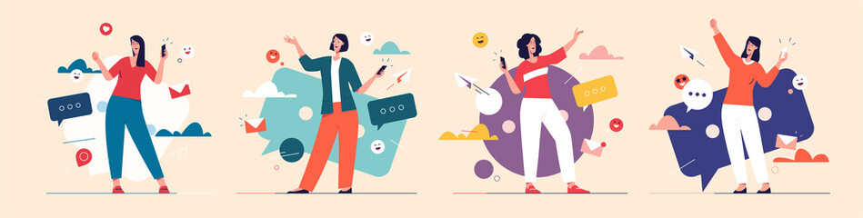Laughing cheerful young women with smartphone. Vector illustration