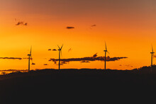 Sunset With Wind Towers Rotating And Generating Energy. 