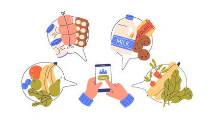 Aufkleber - Sharing food online with mobile app. Hands with phone making donation, giving, donating extra meal, grocery product excess, helping hungry people. Flat vector illustration isolated on white background