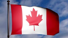 Canada Flag With Fabric Texture Waving In The Wind On A Blue White Cloudy Sky Background. Seamless Loop Stock 4K Video. National  Flag Of Canada