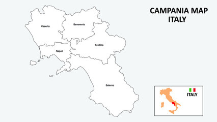  Campania Map. State and district map of Campania. Administrative map of Campania with district and capital in white color.