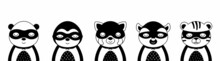 Cute Super Hero Character Animals. Desing For Kids T-shirts, Nursery Decoration, Greeting Cards. Cute Characters In Scandinavian Style. Black And White Set Of Panda, Sloth, Red Panda, Lemur, Tiger.