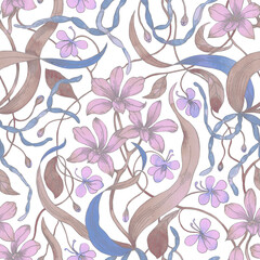 Wall Mural - Blooming orchid. Seamless pattern hand-drawn in watercolor. Background with tropical flowers and leaves. Floral romantic feminine design