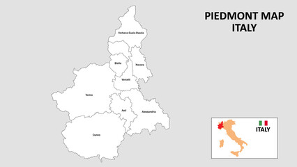 Wall Mural - Piedmont Map. State and district map of Piedmont. Administrative map of Piedmont with district and capital in white color.