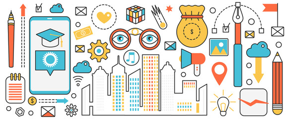 Poster - Modern science futuristic technology for city development. Abstract urban landscape and architecture, network communication and smart infrastructure in infographic concept banner, thin line art design