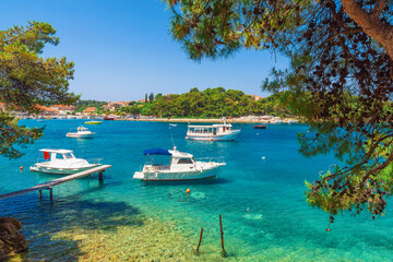 Wall Mural - Popular touristic resort Cavtat town near Dubrovnik in Croatia with turquoise water bay with yachts.