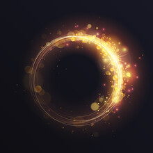 Gold Luminous Spark Ring, Abstract Light Frame Effect Vector Illustration. Magic Glowing Round Swirl Lines With Sparkling Glitter Particles, Yellow Flare Lens Shimmer On Dark Background