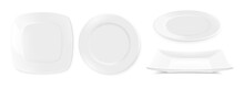 Realistic Plates. White Empty 3D Dishes And Bowls Mockup, Kitchen Dining Ceramic Round Tableware For Food. Vector Illustration Isolated Blank Crockery Set On Transparent Background