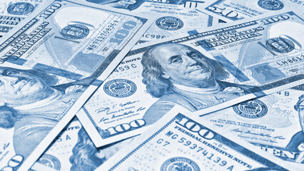 Wall Mural - american paper money. 100 dollar and other us notes. light blue tinted wallpaper or background. savi