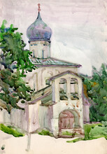 Watercolor Painted Landscape Sketch. Ancient St. George Church And Bellfry Wall In The City Of Pskov 