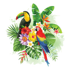 Summer arrangement with tropical birds, palm leaves and exotic flowers. Vector illustration.