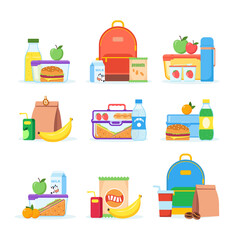 Lunch box different types of lunches. Vector school lunch box with healthy food, fruits or vegetables packed in a children s container in a bag. Set of packaged food illustrations isolated on white.