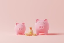 3D Rendering Two Piggy Bank Family With Money Coins, Bag. Family Financial, Money Savings, Investment Concept