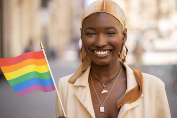 Sticker - LGBTQ young black woman in city face portrait 