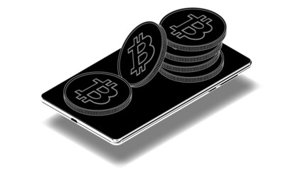 Wall Mural - Isometric mobile phone silhouette with Bitcoin BTC coins isolated on white background.