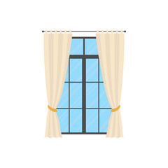 Wall Mural - Panoramic window with a white curtain. Isolated. Flat style.