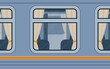 Train compartment windows. Rail transport outside. Cartoon style. Flat style.