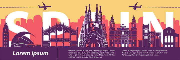 Wall Mural - spain famous landmarks by silhouette style,vector illustration