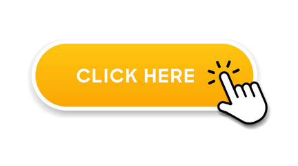 Fototapete - Click here web button with hand cursor. Action button click here with arrow pointer. Click button. Modern action button mouse click symbol. Computer mouse click cursor or Hand pointer symbol.