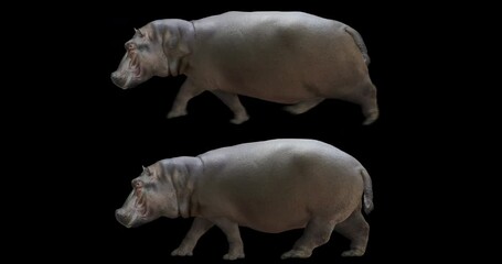 Wall Mural - Set of hippo running is realistic animation. Isolated hippopotamus video including alpha channel allows to add background.