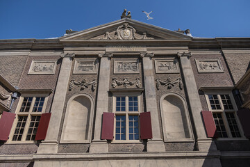 Poster - Architectural details of monumental 'Laecken-Halle' building. 'Laecken-Halle' erected in 1640 as cloth hall (lakenhal in Dutch), guild hall for cloth merchants. Leiden, South Holland, the Netherlands.