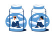 Concept of antidepressants. Depressed woman or man is sitting trapped in a pill bottle. Medicine. Addiction. Flat. Vector illustration.