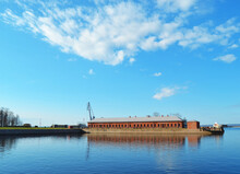 View Of The Museum On The Shore Of The Italian Pond On A Sunny Spring Day In Kronstadt