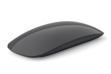 Realistic black wireless computer mouse with touch isolated on white background.