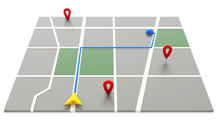 Fototapete - Minimal style GPS map navigator. Tracking concept. Arrow and markers on a map. 3D rendering