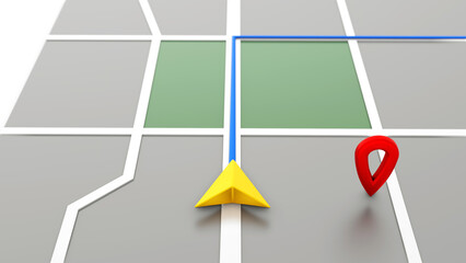 Fototapete - Minimal style GPS map navigator. Tracking concept. Arrow and markers on a map. 3D rendering