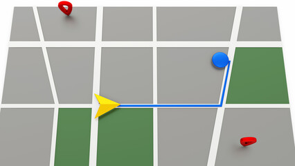 Fototapete - Minimal style GPS map navigator. Tracking concept. Arrow and markers on a map. 3D rendering