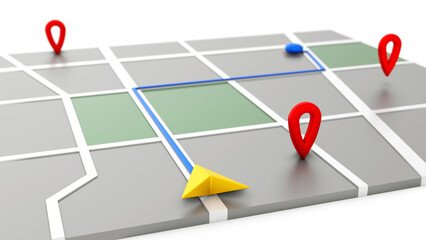 Fototapete - Minimal style GPS map navigator. Tracking concept. Arrow and markers on a map. 3D rendering