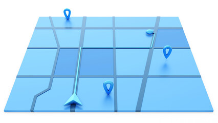 Fototapete - Minimal style blue GPS map navigator. Tracking concept. Arrow and markers on a map. 3D rendering