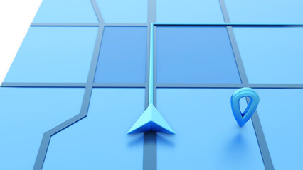 Fototapete - Minimal style blue GPS map navigator. Tracking concept. Arrow and markers on a map. 3D rendering