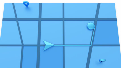 Fototapete - Minimal style blue GPS map navigator. Tracking concept. Arrow and markers on a map. 3D rendering