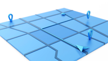 Fototapete - Minimal style blue GPS map navigator. Tracking concept. Arrow and markers on a map. 3D rendering