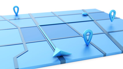 Fototapete - Minimal style blue GPS map navigator. Tracking concept. Arrow and markers on a map. 3D rendering