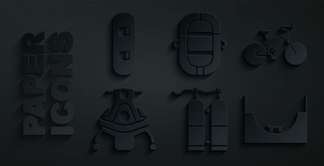 Sticker - Set Aqualung, Bicycle, Snowmobile, Skate park, Rafting boat and Snowboard icon. Vector