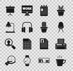 Sticker - Set Coffee cup, Printer, Office chair, Spiral notebook, Headphones, Table lamp, Chalkboard with diagram and Cactus and succulent pot icon. Vector