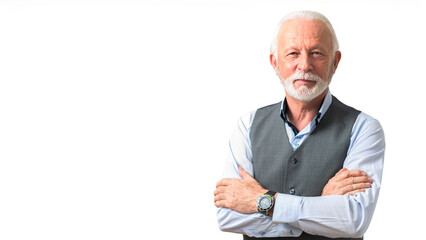 Wall Mural - Portrait of smiling confident older business man or successful company owner with short stylish beard looking straight at the camera. Copy space