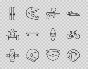 Sticker - Set line Knee pads, Parachute, Paintball gun, Helmet, Ski and sticks, Longboard or skateboard, Speedboat and Bicycle icon. Vector