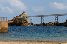 Biarritz, France, Rock Of The Virgin -Rocher De La Vierge In French At Sunny Day Over Atlantic Ocean